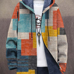 Artful hooded cardigan – Teal & Orange Block