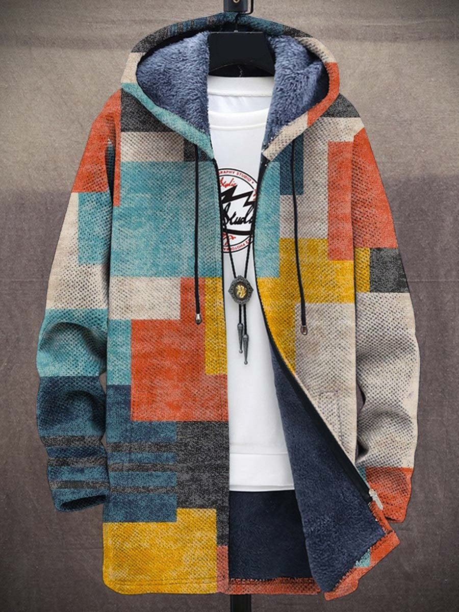 Artful hooded cardigan – Teal & Orange Block