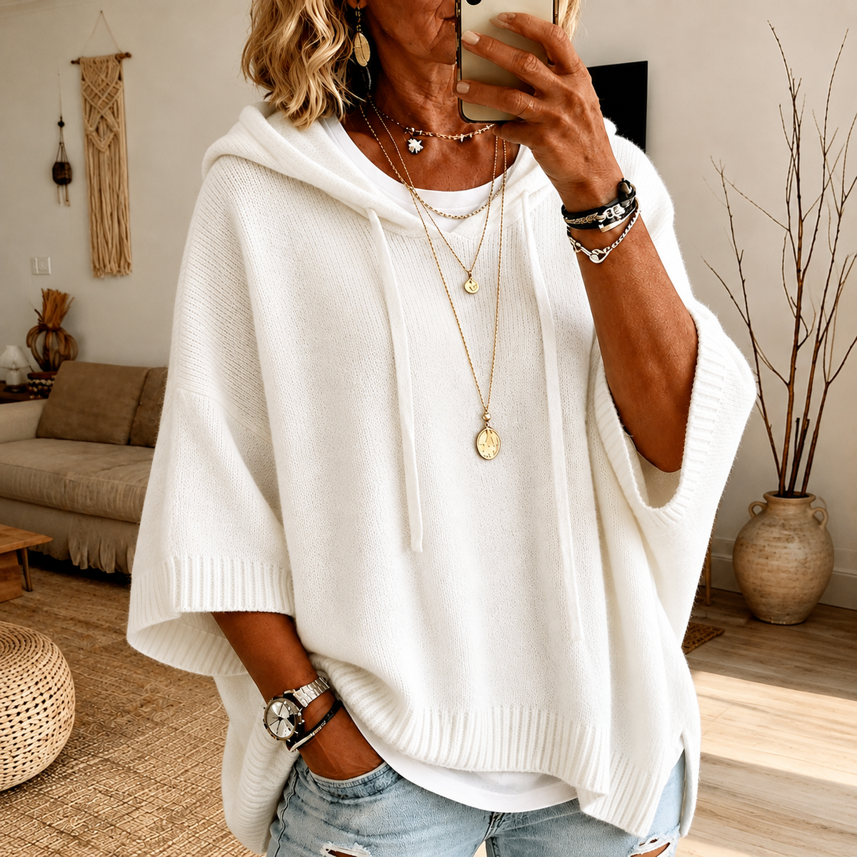 Hooded knit poncho sweater – White