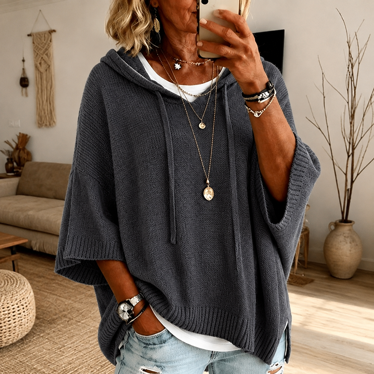 Hooded knit poncho sweater – Charcoal
