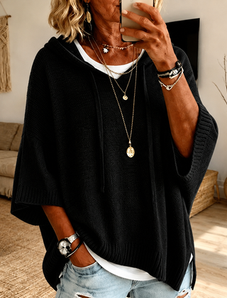 Hooded knit poncho sweater – Black