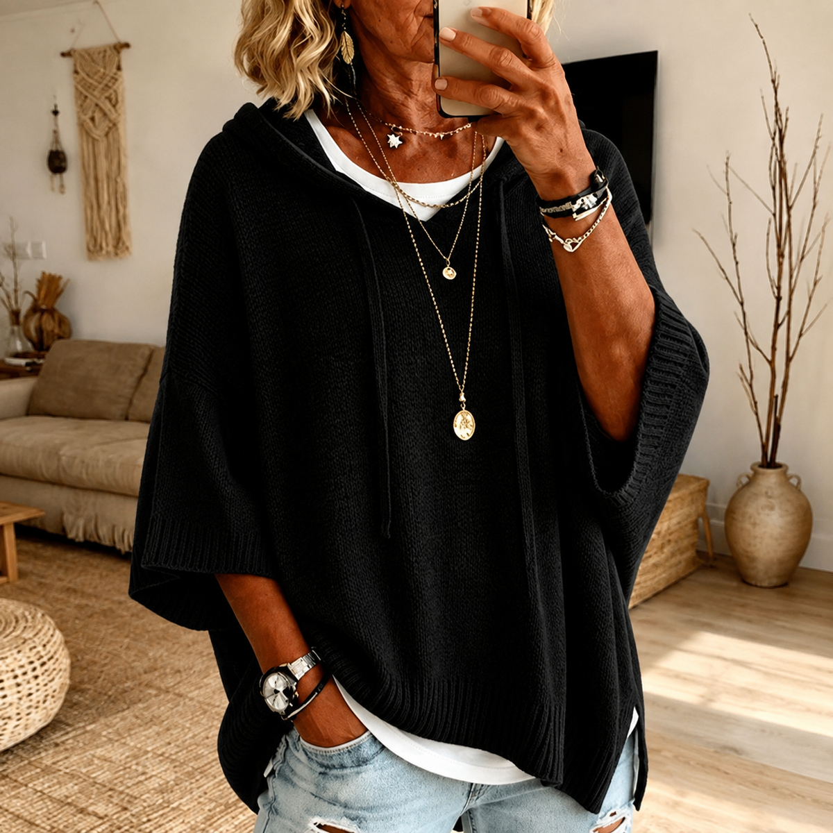 Hooded knit poncho sweater – Black