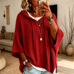 Hooded knit poncho sweater – Red
