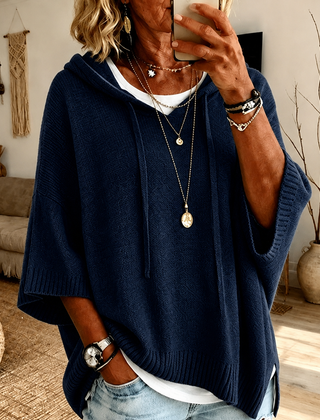 Hooded knit poncho sweater – Navy Blue