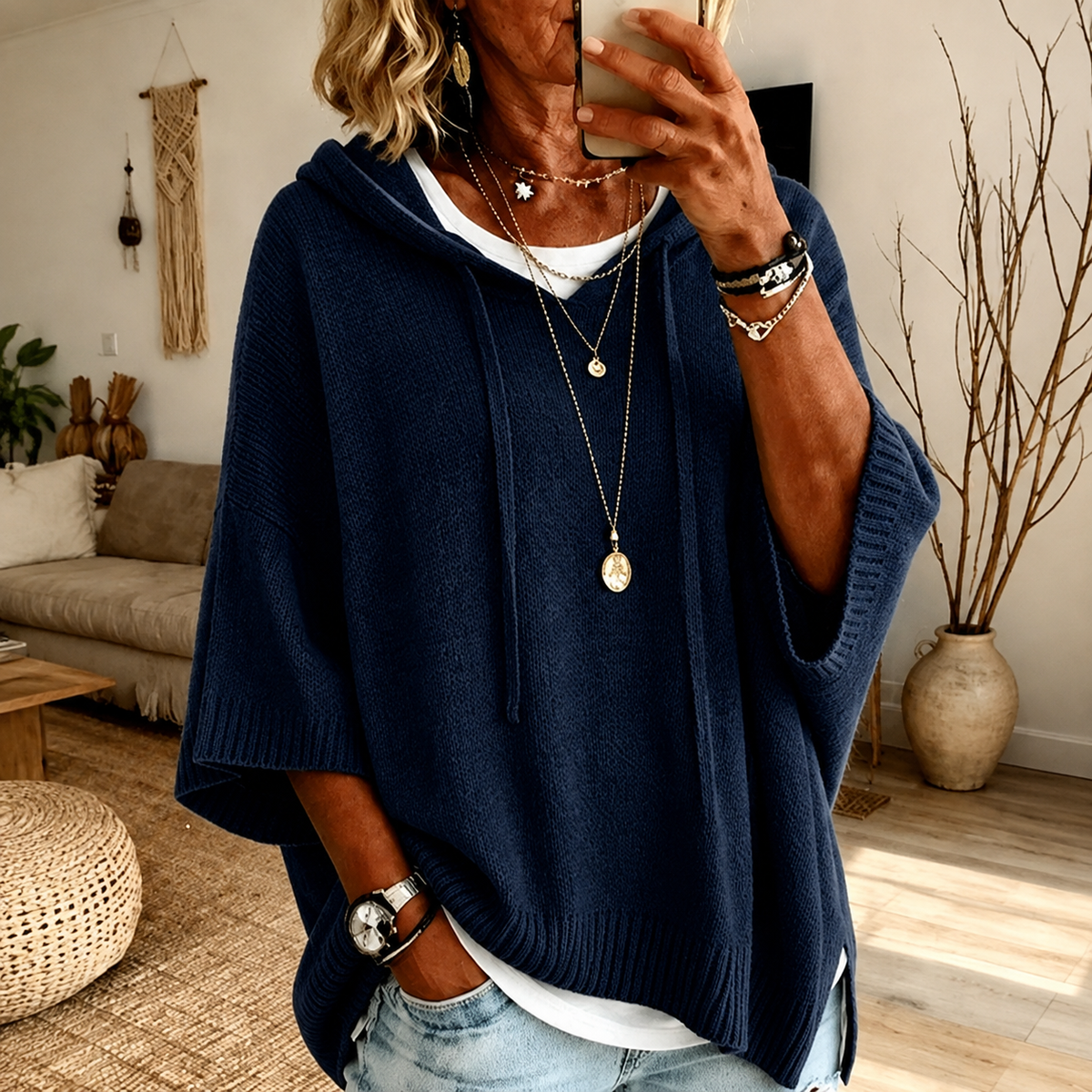 Hooded knit poncho sweater – Navy Blue