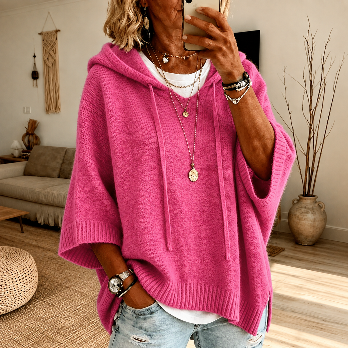 Hooded knit poncho sweater – Pink
