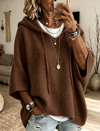 Hooded knit poncho sweater – Brown