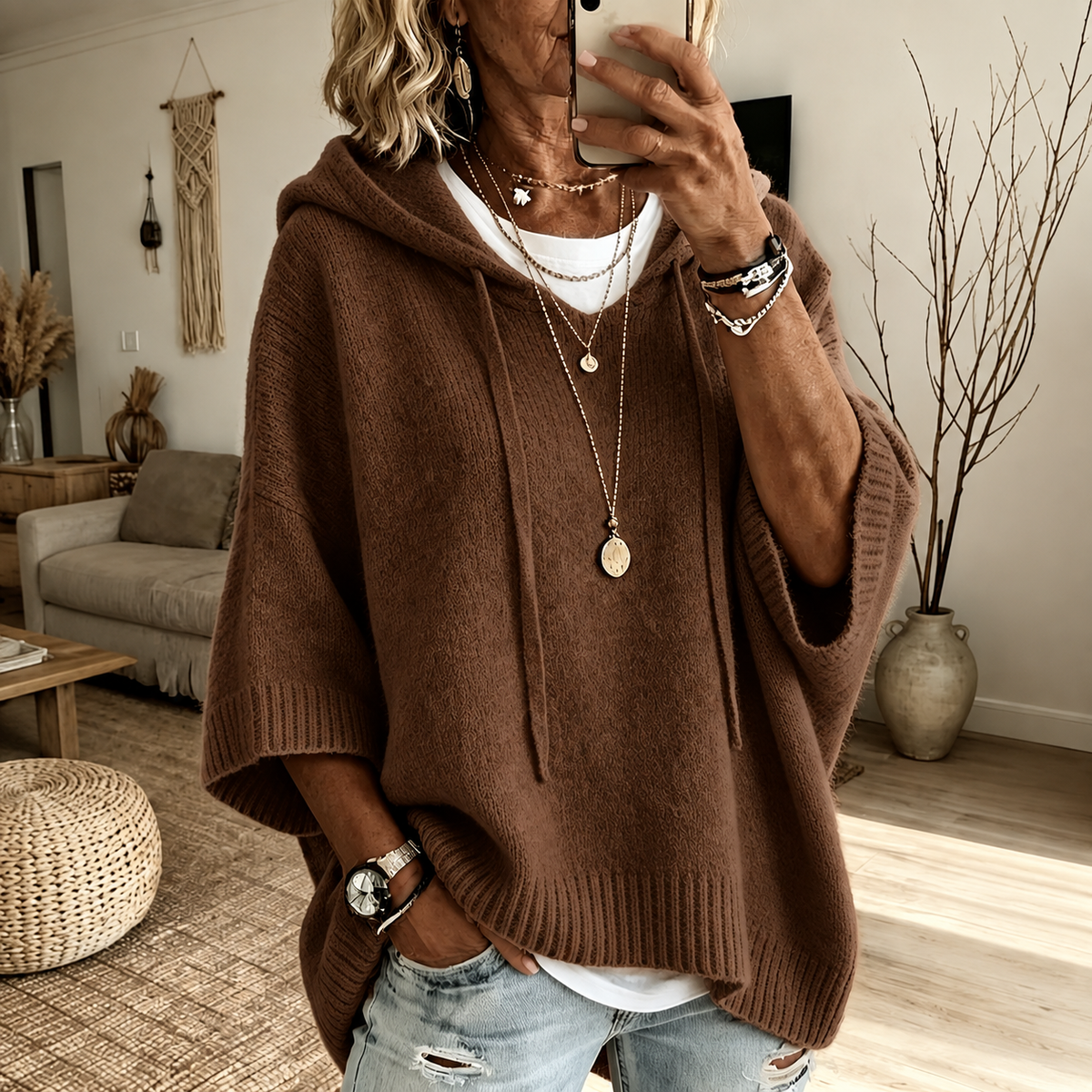 Hooded knit poncho sweater – Brown