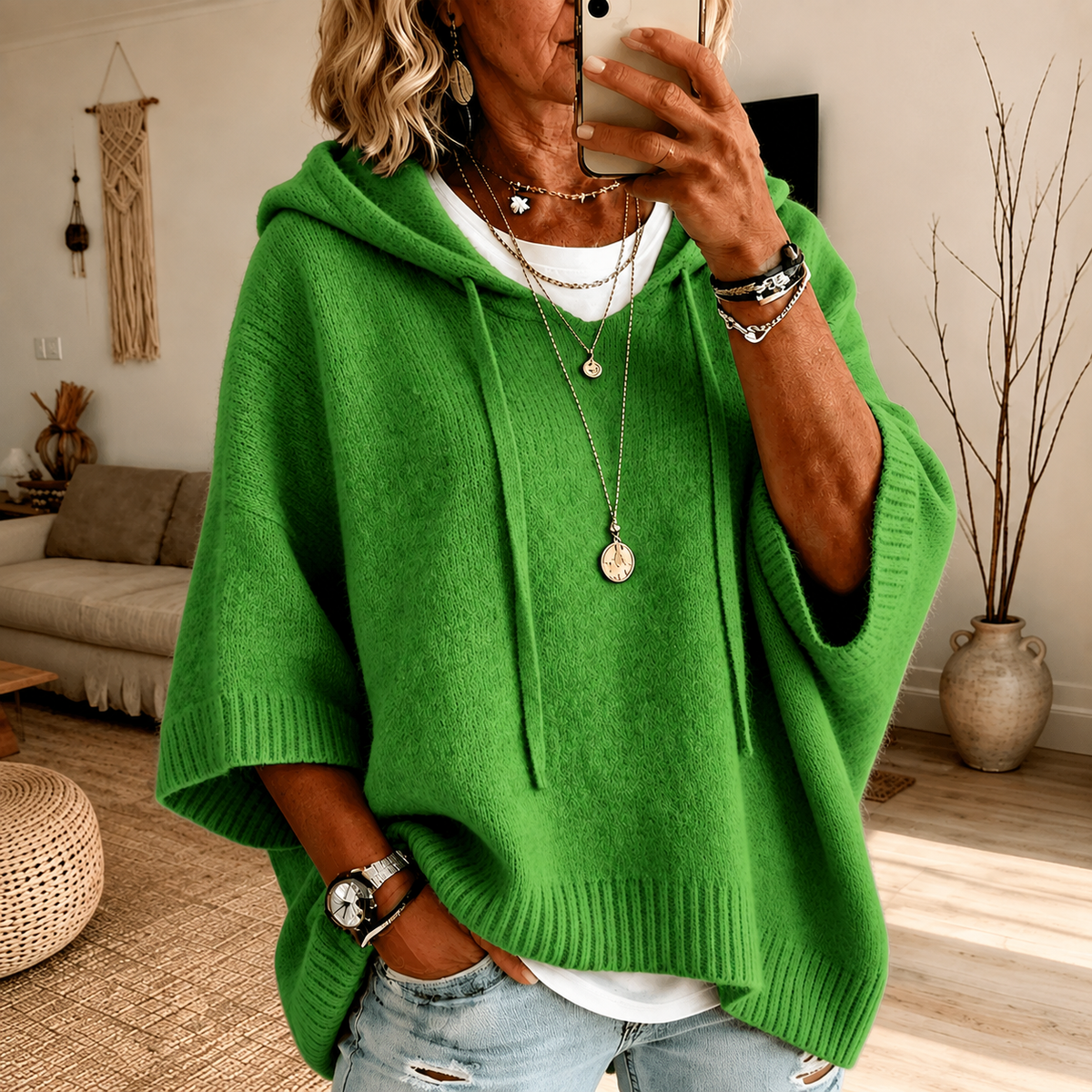 Hooded knit poncho sweater – Green