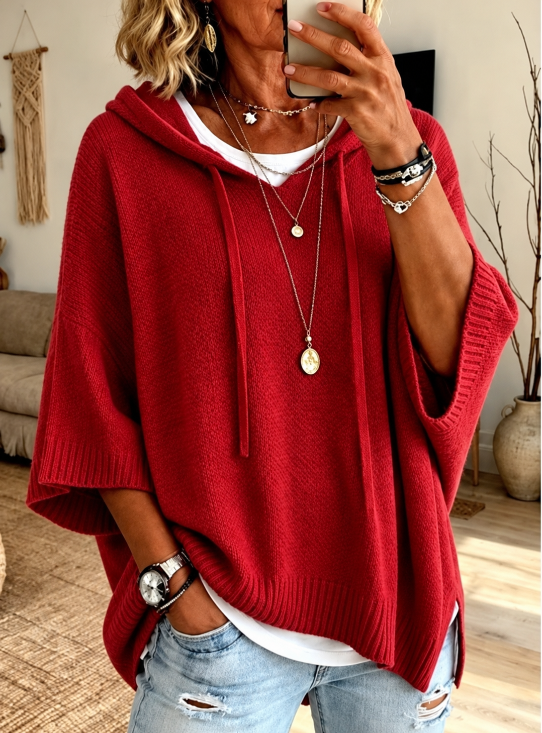 Hooded knit poncho sweater – Terracotta