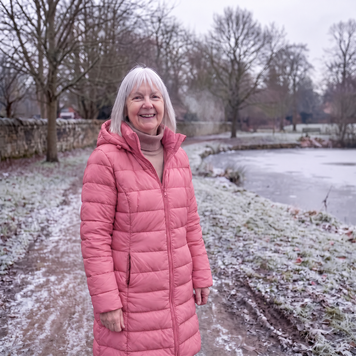 Feathra down jacket worn outdoors in winter