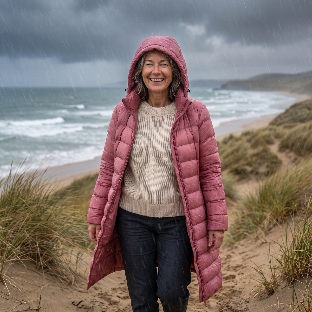 Feathra down jacket on a windy coastal walk